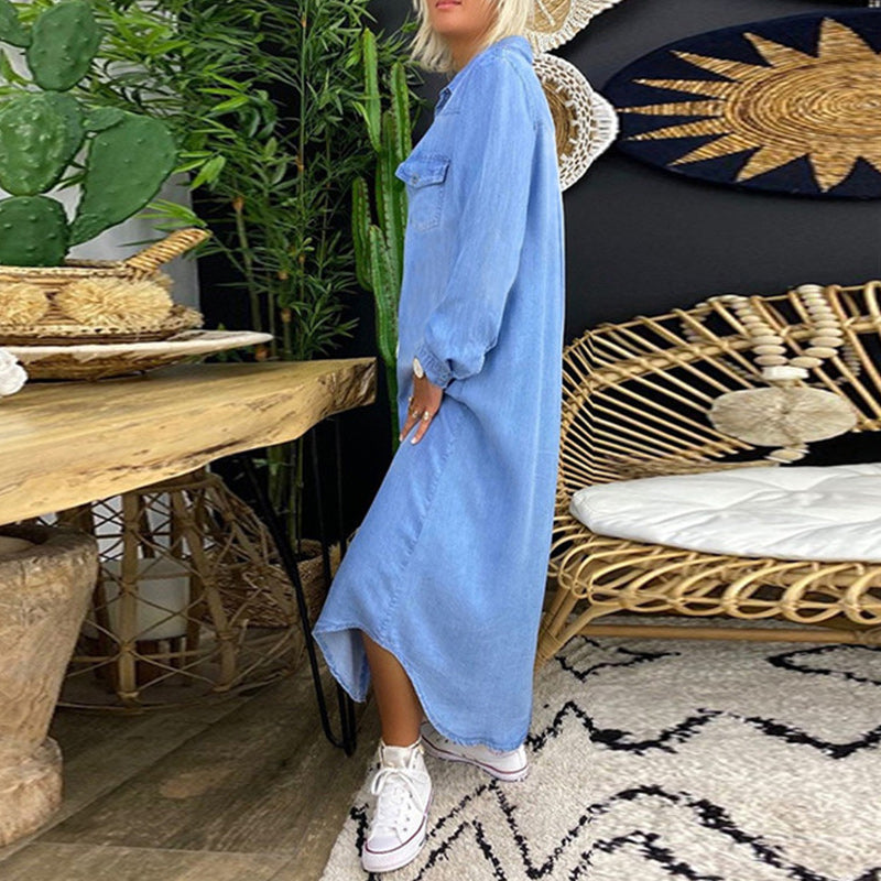 Ines - Långärmad Maxiklänning i Denim