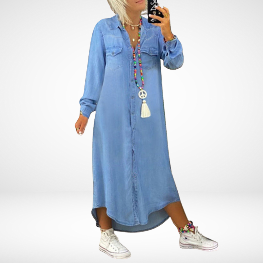 Ines - Långärmad Maxiklänning i Denim