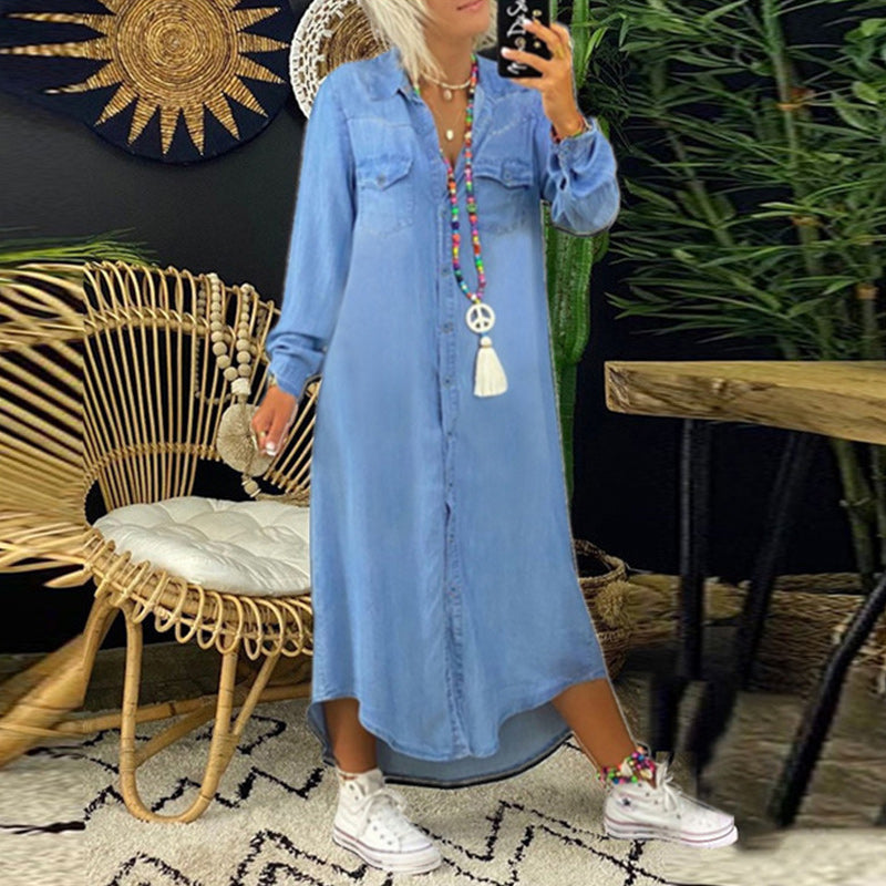 Ines - Långärmad Maxiklänning i Denim