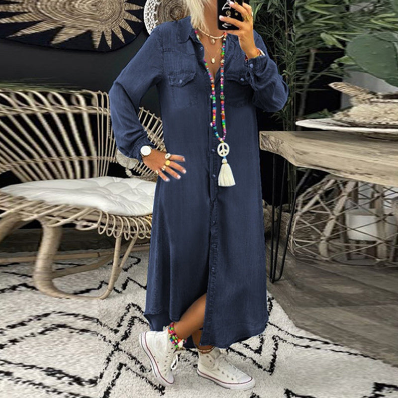 Ines - Långärmad Maxiklänning i Denim