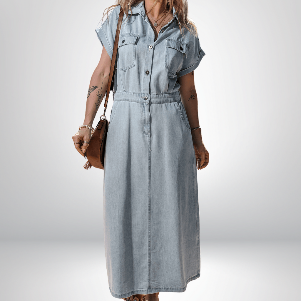 Isabelle - Denimklänning med eleganta, korta fladdermusärmar